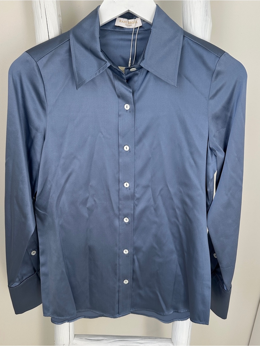 Ramy Brook Victoria Slate Blue Silk Long Sleeve Button-Down Shirt Size S